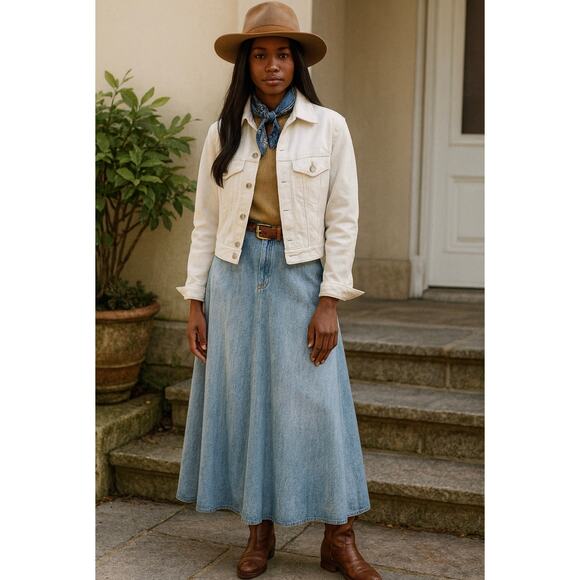 Ralph Lauren Polo Jeans Company Women's Midi Jean Circle Skirt A Line Prairie 8 - Picture 1 of 9